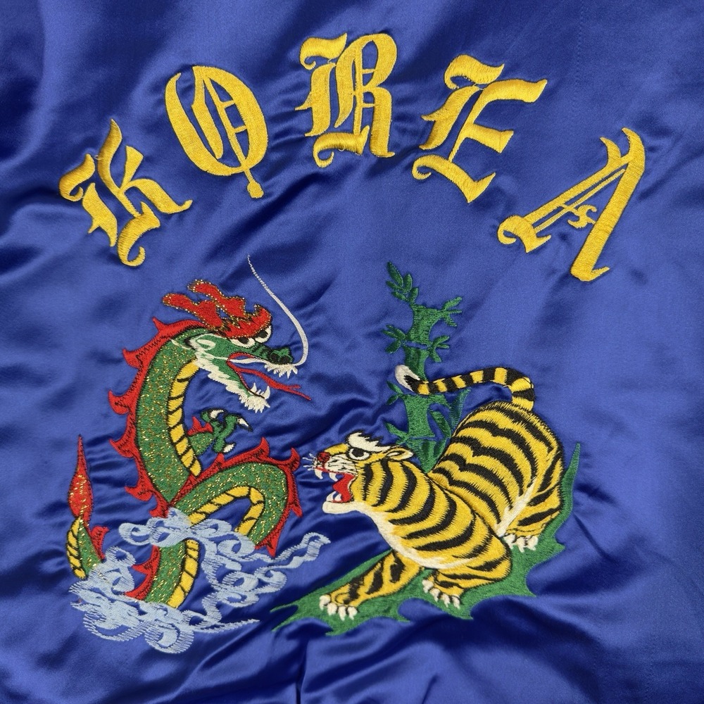 Vintage‎ Sukajan Souvenir Jacket Korea Dragon Tiger Satin Blue Hooded Brad - Picture 2 of 16